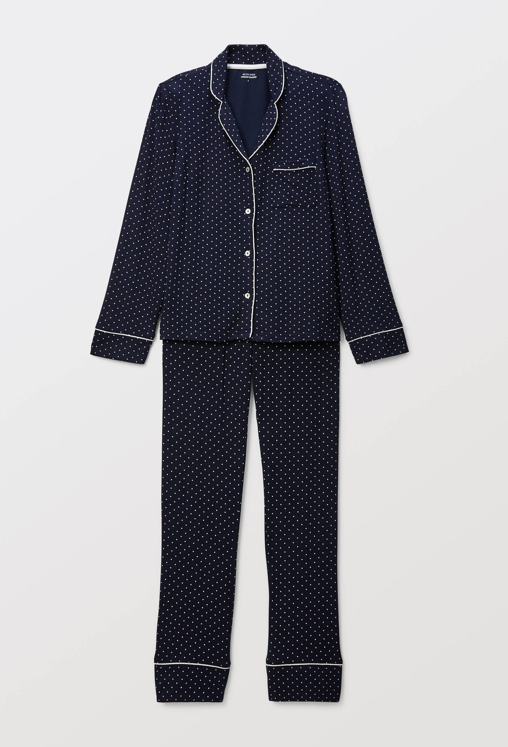 pyjama-monoprix-femme-245mqx-1.jpg Pyjama fluide à pois BLEU FONCE pour femme MONOPRIX – Image 1