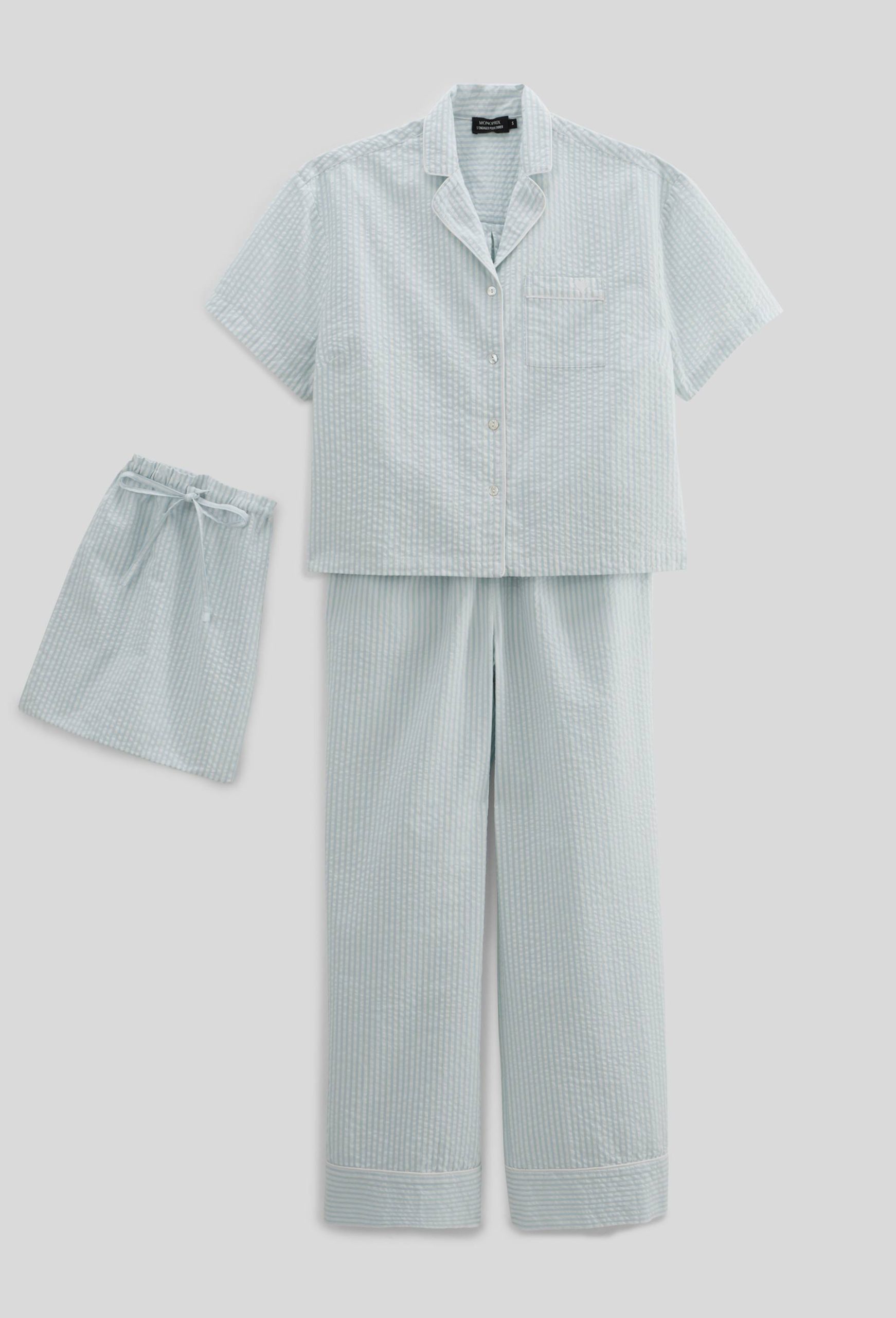 pyjama-monoprix-femme-422mer-1.jpg Pyjama manches courtes rayé en coton BIO BLEU CLAIR pour femme MONOPRIX – Image 1