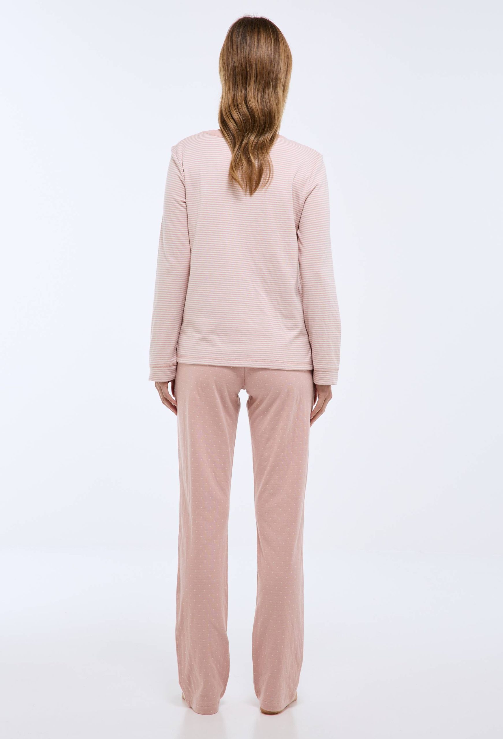 pyjama-monoprix-femme-595jbe-1.jpg Pyjama long à rayures et pois en coton BIO GOTS ROSE pour femme MONOPRIX – Image 1
