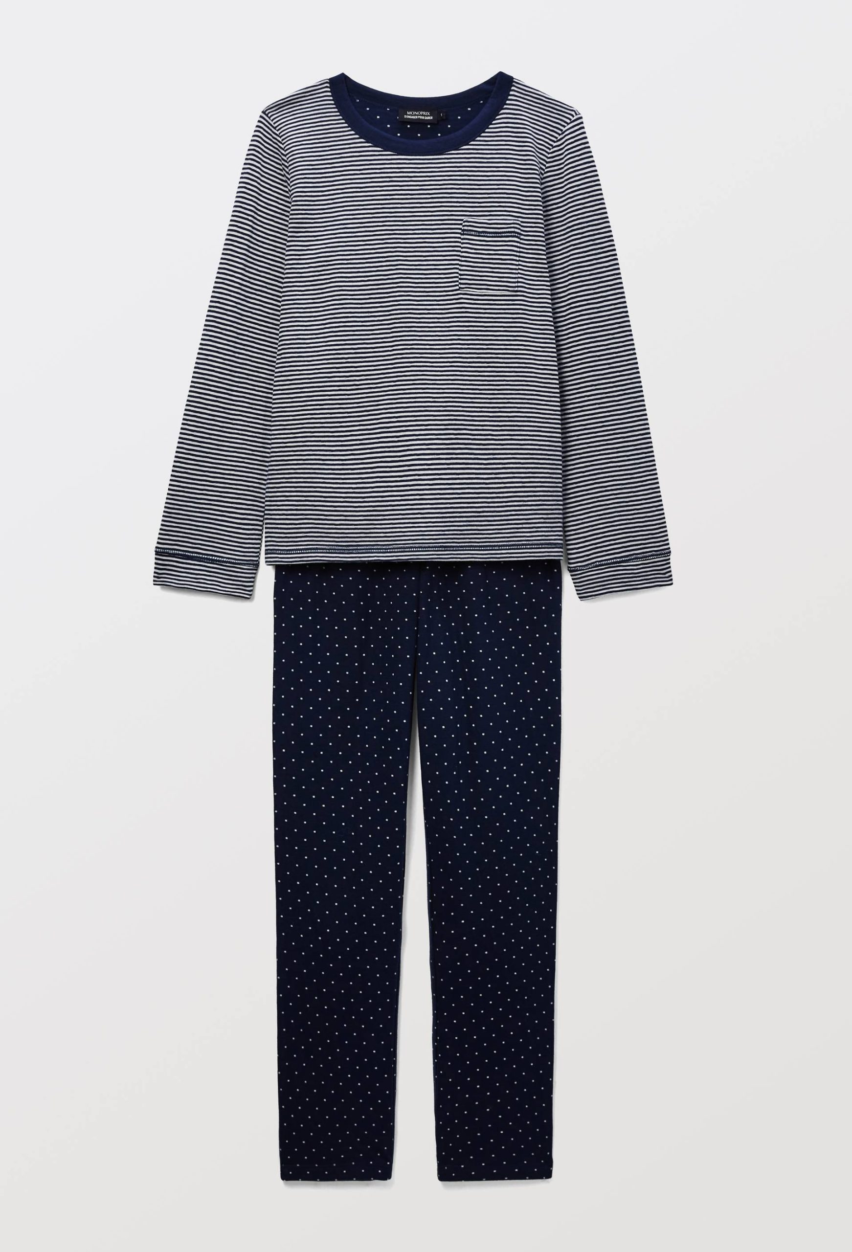 pyjama-monoprix-femme-741atg-1.jpg Pyjama long à rayures et pois en coton BIO GOTS BLEU FONCE pour femme MONOPRIX – Image 1