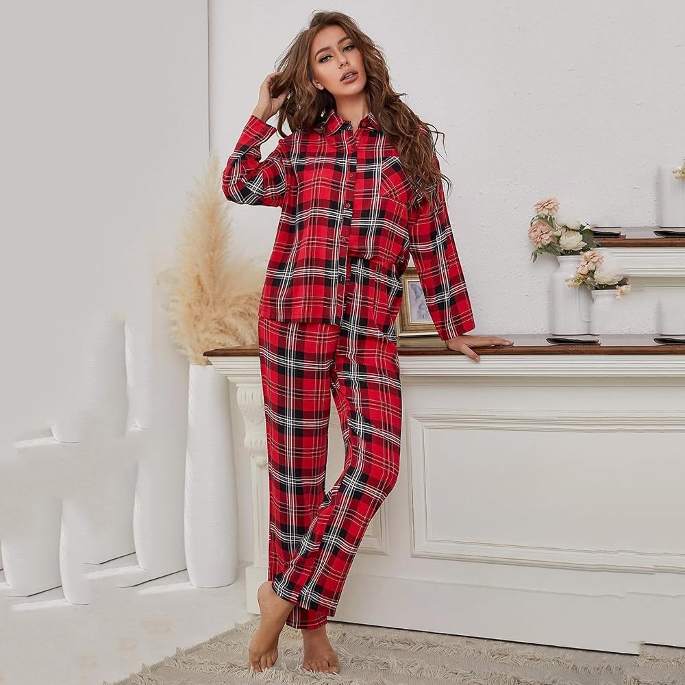 pyjama-pas-cher-femme-069eot-1.jpg Pyjama Femme Longue à Carreaux en Coton Ensemble Deux Pièces pour Automne et Hiver : Amazon.fr: Mode – Image 1