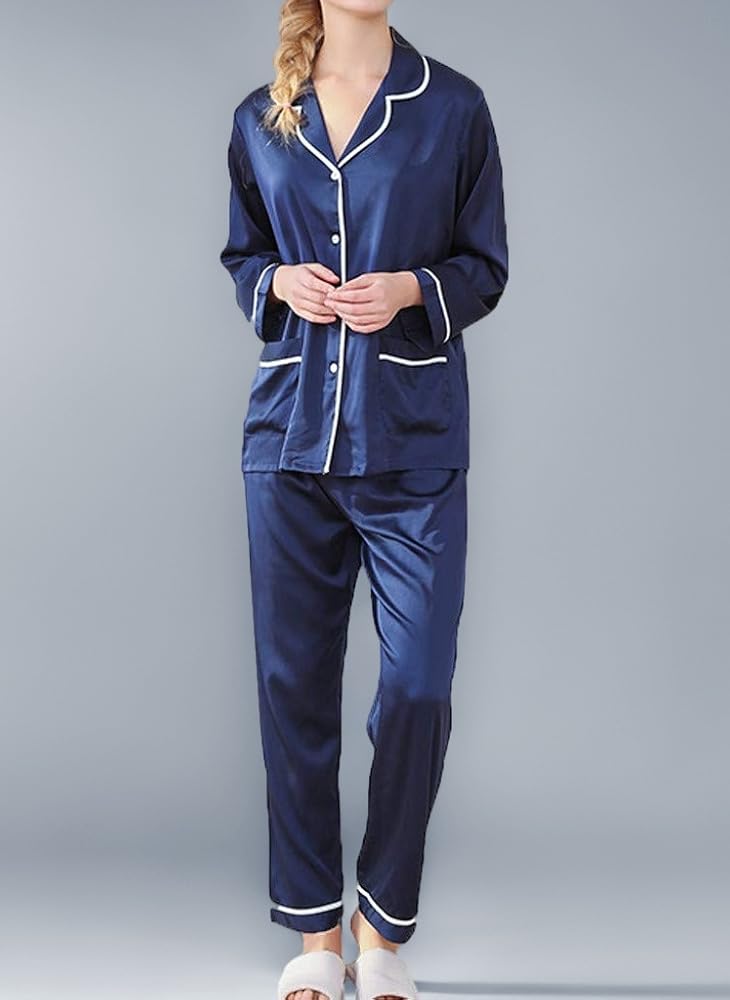 pyjama-pas-cher-femme-828uwq-1.jpg Susenstone Pyjama Satin Femme Ete en Soie Manche Longues Sexy Col V Ensemble Pyjama Ado Fille Pas Cher A La Mode Chic VêTement De Nuit (M, Bleu) : ... – Image 1