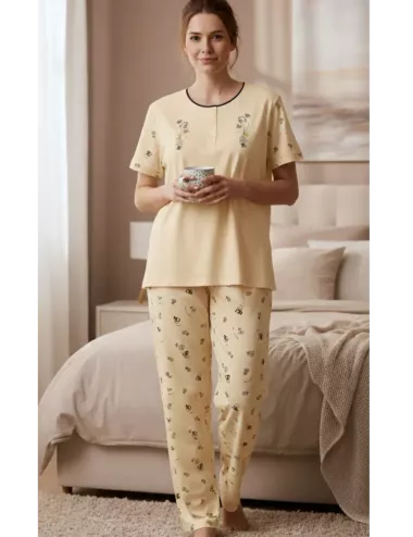 pyjama-pas-cher-femme-949lou.webp Pyjama femme coton jersey motifs abeilles – Pantalon & manches courtes – Image 1