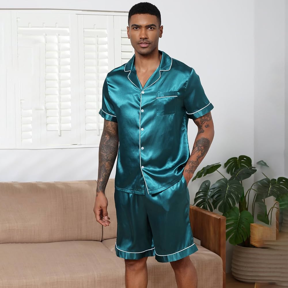pyjama-satin-homme-022zyy-1.jpg Générique Pyjama Satin Court Homme Ete, Ensembles de Pyjama à Manches Courtes Boutonné + Bas de Pyjamas, Vêtements de Nuit Fin Cut Confortable Vêtements de Détente Doux Loungewear Couleur Unie : Amazon.fr: – Image 1