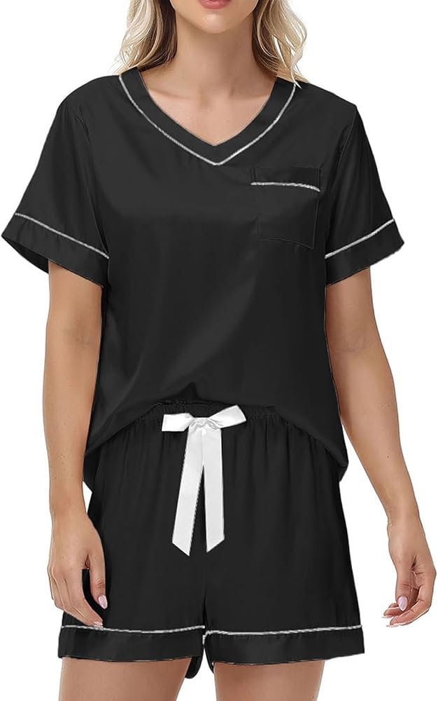 pyjama-solde-femme-812xhl-1.jpg SCBFDI Ensemble Pyjama Femme Satin en Tissu Soyeux à Manches Courtes avec | Shirt et Short Taille Élastique Sleepwear Vêtement D'Intérieur Vetement Solde : Amazon.fr: Fashion – Image 1