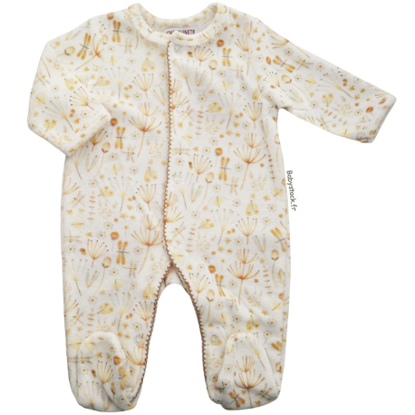 pyjama-velour-bebe-112vhk-1.jpg Pyjama dors bien bébé fille en velours crème imprimé Fleurs – Image 1
